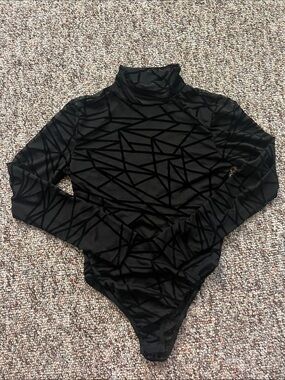 Black Geometric Mesh Long Sleeve Bodysuit